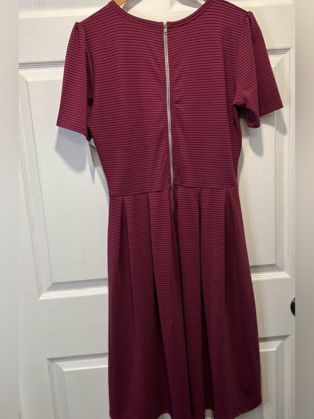 LuLaRoe Burgundy Striped Short Sleeve Amelia Dress - Picture 2 of 5
